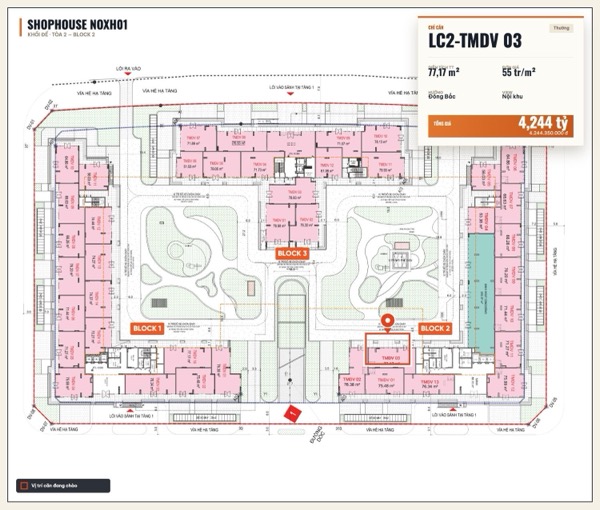 Shophouse khối đế Happy Home căn LC2-TMDV 03 — lô NOXH01, hướng Đông Bắc, diện tích 77,17 m², đơn giá 55 triệu/m², khoảng 4,24 tỷ đã gồm VAT