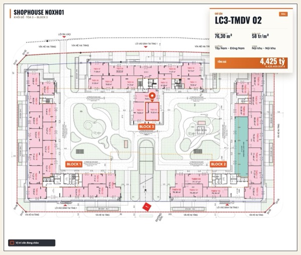 Shophouse khối đế Happy Home căn LC3-TMDV 02 — lô NOXH01, hướng Tây Nam- Đông Nam, căn góc, diện tích 76,3 m², đơn giá 58 triệu/m², khoảng 4,43 tỷ đã gồm VAT