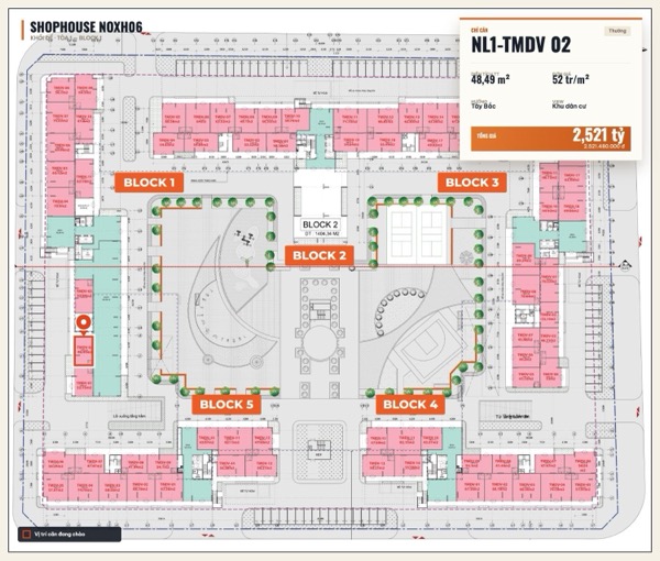 Shophouse khối đế Happy Home căn NL1-TMDV 02 — lô NOXH06, hướng Tây Bắc, diện tích 48,49 m², đơn giá 52 triệu/m², khoảng 2,52 tỷ đã gồm VAT