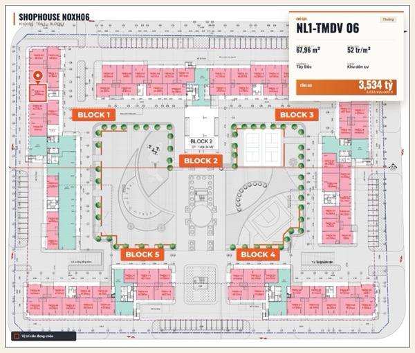 Shophouse khối đế Happy Home căn NL1-TMDV 06 — lô NOXH06, hướng Tây Bắc, diện tích 67,96 m², đơn giá 52 triệu/m², khoảng 3,53 tỷ đã gồm VAT