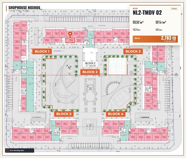Shophouse khối đế Happy Home căn NL2-TMDV 02 — lô NOXH06, hướng Tây Nam, diện tích 53,52 m², đơn giá 52 triệu/m², khoảng 2,78 tỷ đã gồm VAT