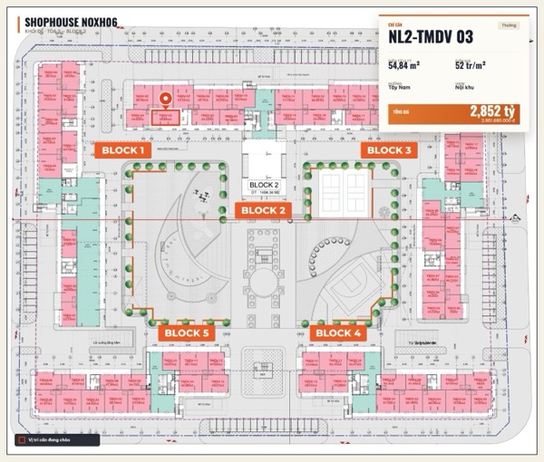 Shophouse khối đế Happy Home căn NL2-TMDV 03 — lô NOXH06, hướng Tây Nam, diện tích 54,84 m², đơn giá 52 triệu/m², khoảng 2,85 tỷ đã gồm VAT
