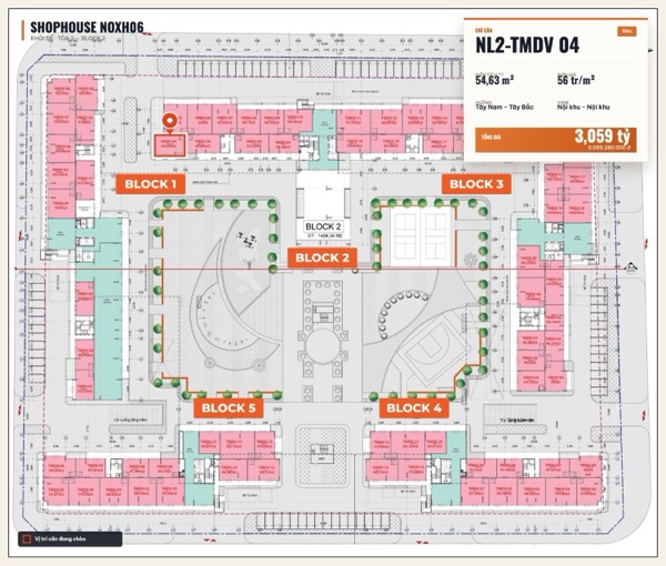 Shophouse khối đế Happy Home căn NL2-TMDV 04 — lô NOXH06, hướng Tây Nam - Tây Bắc, căn góc, diện tích 54,63 m², đơn giá 56 triệu/m², khoảng 3,06 tỷ đã gồm VAT