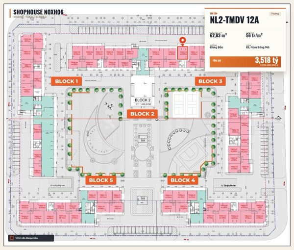 Shophouse khối đế Happy Home căn NL2-TMDV 12A — lô NOXH06, hướng Đông Bắc, diện tích 62,83 m², đơn giá 56 triệu/m², khoảng 3,52 tỷ đã gồm VAT