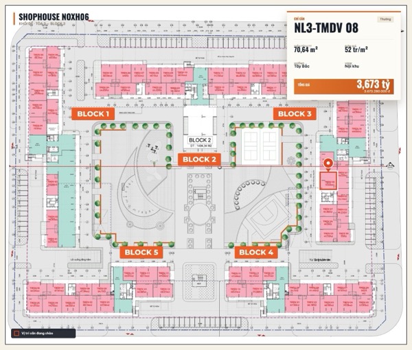 Shophouse khối đế Happy Home căn NL3-TMDV 08 — lô NOXH06, hướng Tây Bắc, diện tích 70,64 m², đơn giá 52 triệu/m², khoảng 3,67 tỷ đã gồm VAT