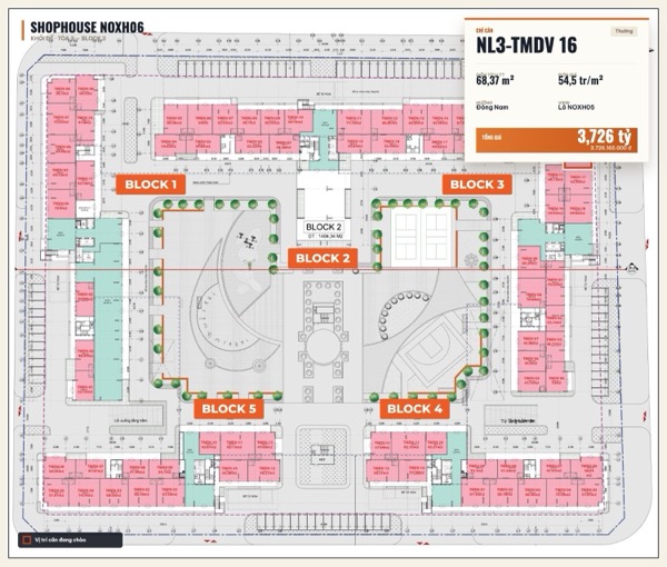 Shophouse khối đế Happy Home căn NL3-TMDV 16 — lô NOXH06, hướng Đông Nam, diện tích 68,37 m², đơn giá 54,5 triệu/m², khoảng 3,73 tỷ đã gồm VAT