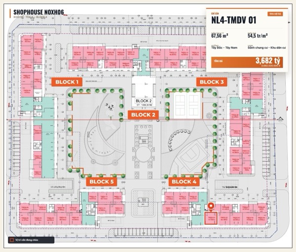Shophouse khối đế Happy Home căn NL4-TMDV 01 — lô NOXH06, hướng Tây Bắc - Tây Nam, căn góc, diện tích 67,56 m², đơn giá 54,5 triệu/m², khoảng 3,68 tỷ đã gồm VAT
