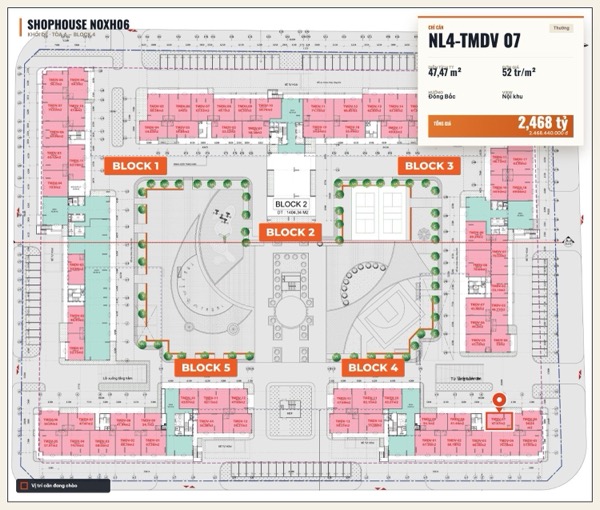 Shophouse khối đế Happy Home căn NL4-TMDV 07 — lô NOXH06, hướng Đông Bắc, diện tích 47,47 m², đơn giá 52 triệu/m², khoảng 2,47 tỷ đã gồm VAT