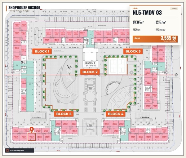 Shophouse khối đế Happy Home căn NL5-TMDV 03 — lô NOXH06, hướng Tây Nam, diện tích 68,36 m², đơn giá 52 triệu/m², khoảng 3,55 tỷ đã gồm VAT