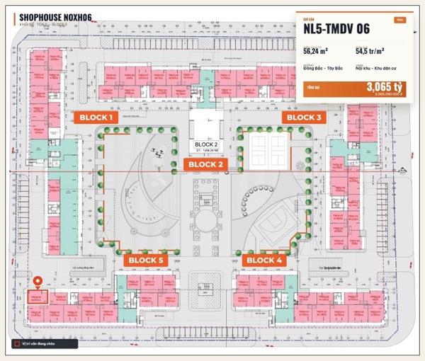 Shophouse khối đế Happy Home căn NL5-TMDV 06 — lô NOXH06, hướng Đông Bắc - Tây Bắc, căn góc, diện tích 56,24 m², đơn giá 54,5 triệu/m², khoảng 3,07 tỷ đã gồm VAT