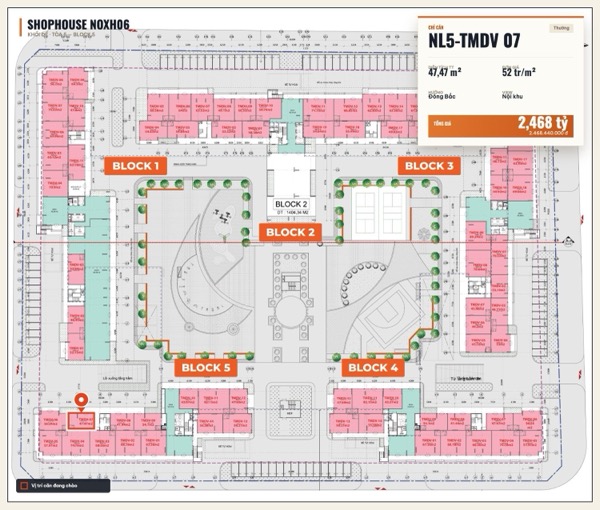 Shophouse khối đế Happy Home căn NL5-TMDV 07 — lô NOXH06, hướng Đông Bắc, diện tích 47,47 m², đơn giá 52 triệu/m², khoảng 2,47 tỷ đã gồm VAT