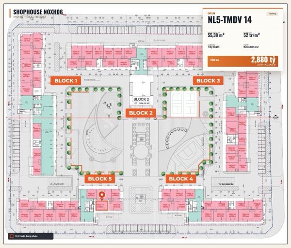 Shophouse khối đế Happy Home căn NL5-TMDV 14 — lô NOXH06, hướng Tây Nam, diện tích 55,38 m², đơn giá 52 triệu/m², khoảng 2,88 tỷ đã gồm VAT