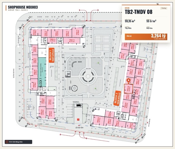 Shophouse khối đế Happy Home căn TB2-TMDV 08 — lô NOXH03, hướng Tây Bắc, diện tích 59,35 m², đơn giá 55 triệu/m², khoảng 3,26 tỷ đã gồm VAT