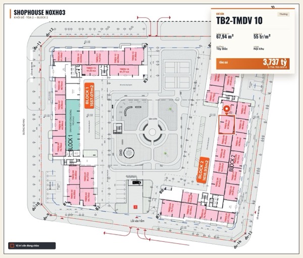 Shophouse khối đế Happy Home căn TB2-TMDV 10 — lô NOXH03, hướng Tây Bắc, diện tích 67,94 m², đơn giá 55 triệu/m², khoảng 3,74 tỷ đã gồm VAT