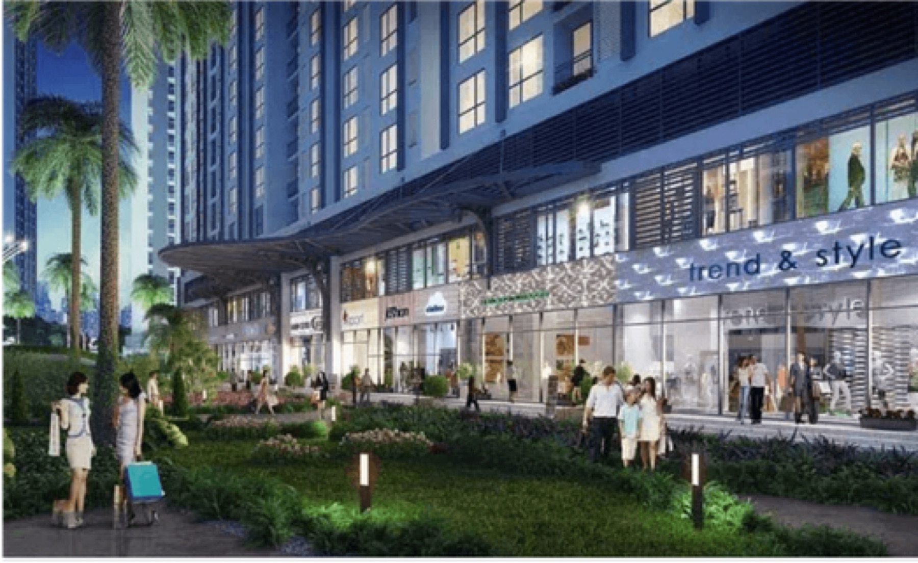 Phối cảnh shophouse khối đế Happy Home với dãy cửa hàng thương mại
